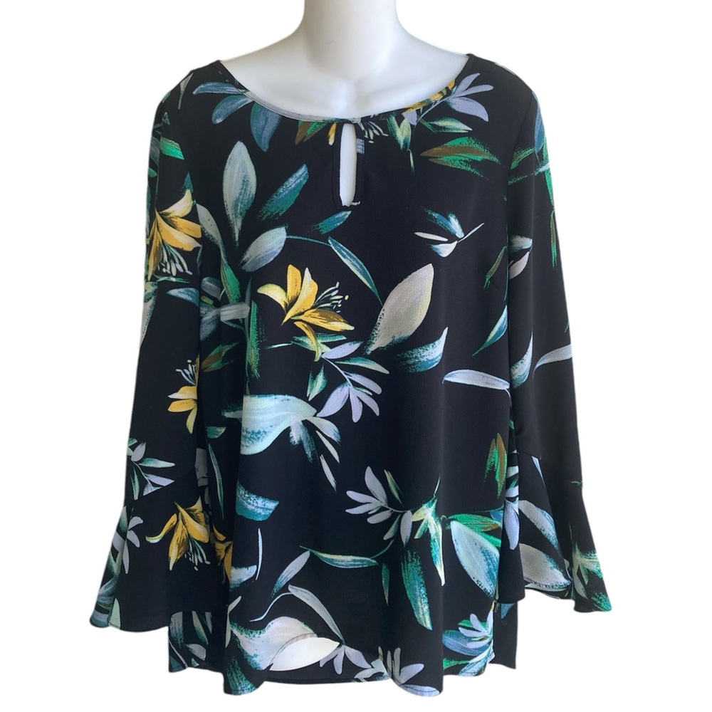 Chaus Black Multi Tropical Print Blouse 3/4 Bell Sleeve Keyhole Ladies Medium